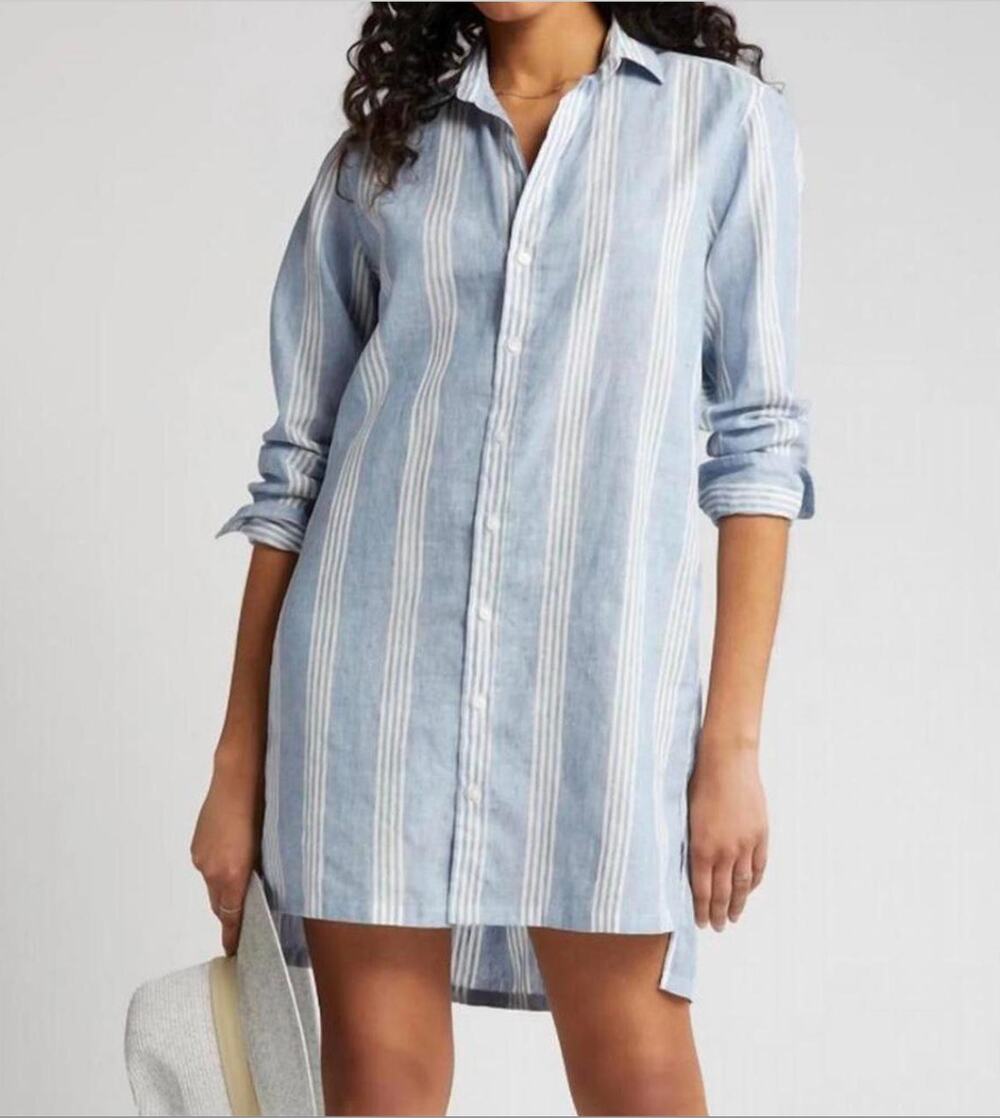 Frank & Eileen Hunter Shirt Dress Women's Small Blue White Striped Button Front